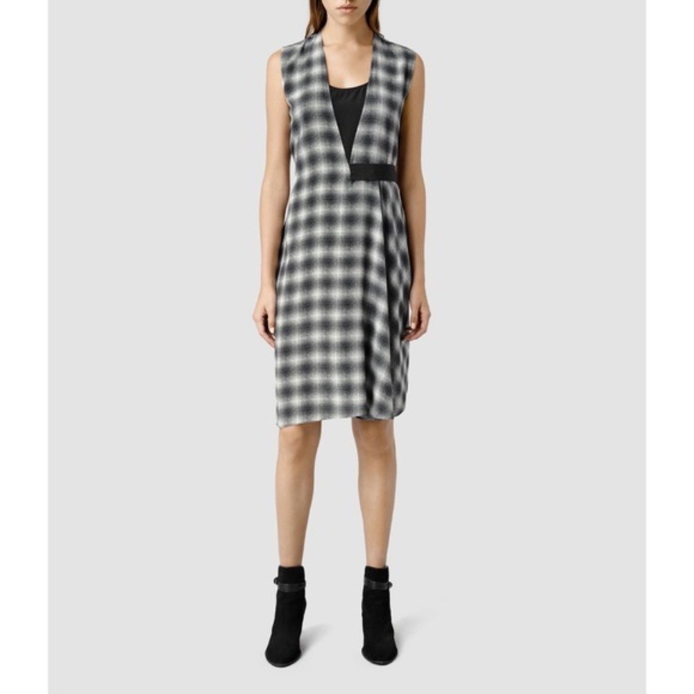 All Saints Letra Dean Plaid Belted Silk Midi Dress